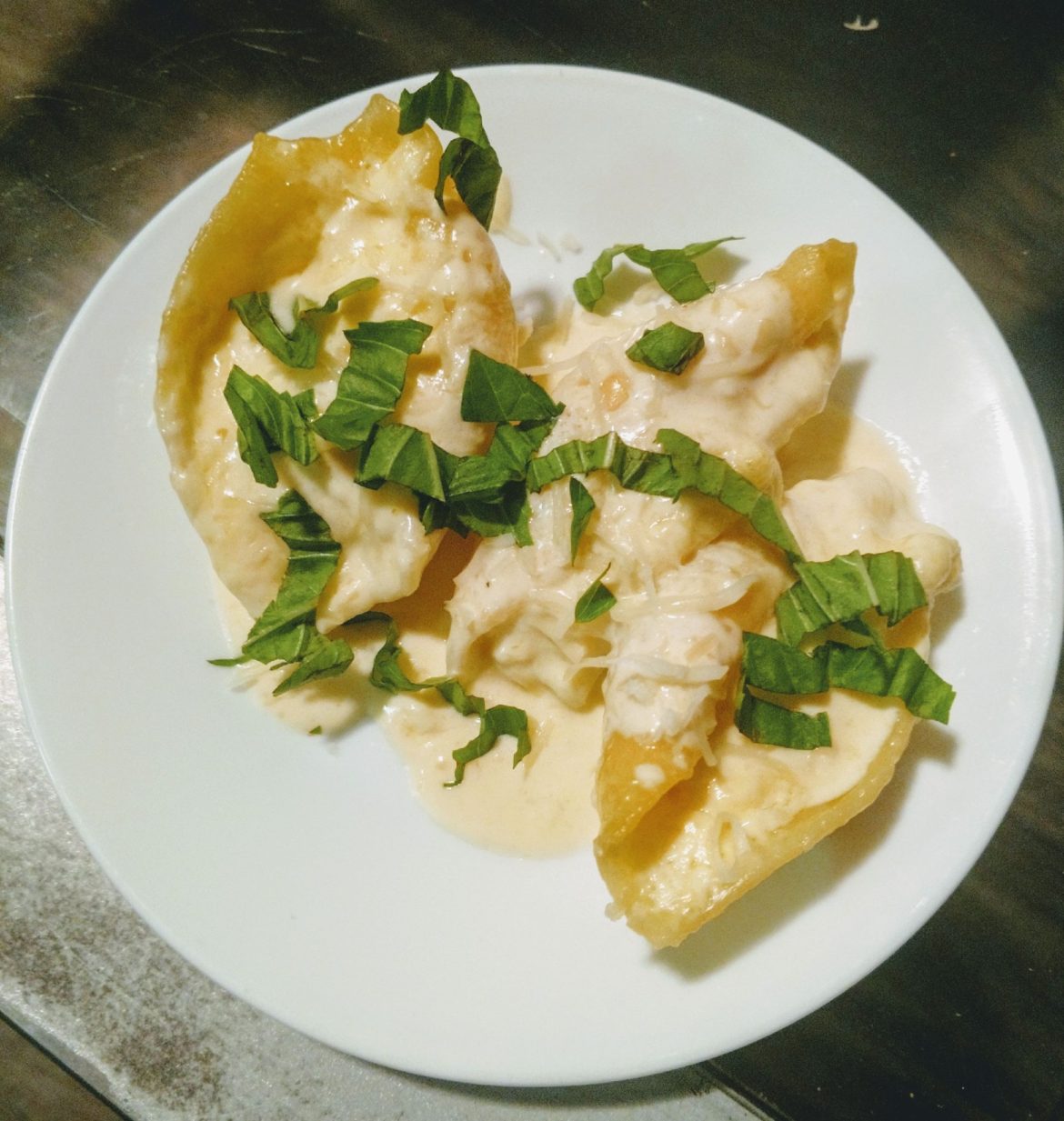 Stuffed Shells with Alfredo and Basil